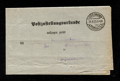 Dt. Ricca - ''Mühlhausen'' Postal Delivery Certificate 1922 (BLN-4)