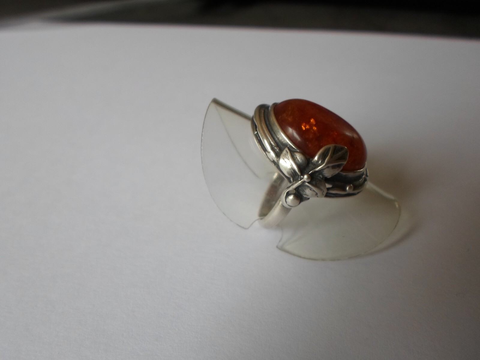 solid silver ring, amber cabochon, leaf outline, … - image 6
