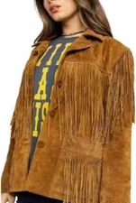 Womens Western Leather Suede Cowgirl Brown Native American Fringes Tassel Jacket