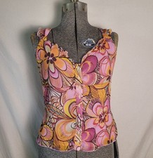 Vintage 90s Y2K Floral Orange Pink NINE Organza Tank Top Buttons Psychedelic 4 S