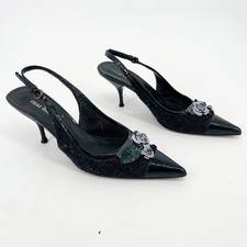 Miu Miu Vintage Wool Patent Cap Toe Floral Appliqu Slingback Heels IT 38