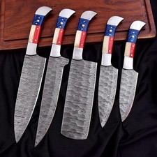 CUSTOM HANDMADE DAMASCUS HAMMERED 5 PIECES CHEF SET WITH TEXAS FLAG HANDLE