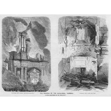 FRANCE Burning of the Cathedral at Cambrai - Antique Print 1859