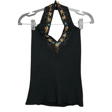 WR Studio Silk Blend Embellished Beaded Halter Tank Top Black Women’s Size M