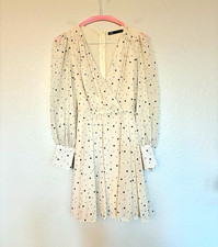 ZARA Ivory Black Polka Dot Chiffon V-Neck Puff Sleeve A-Line Dress Size S Chic