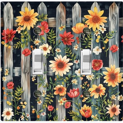 Metal Light Switch Outlet Cover Wall Plate Colorful Flowers on Fence FOS171