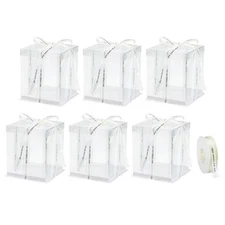 6Pcs Clear Cake Box with Ribbon 7"x7"x8" for 4 Inch Cake Packing White