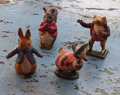 Vintage Beatrix Potter Bleifiguren. Handbemaltes 4er Set. Timpo/Warne 50er Jahre.