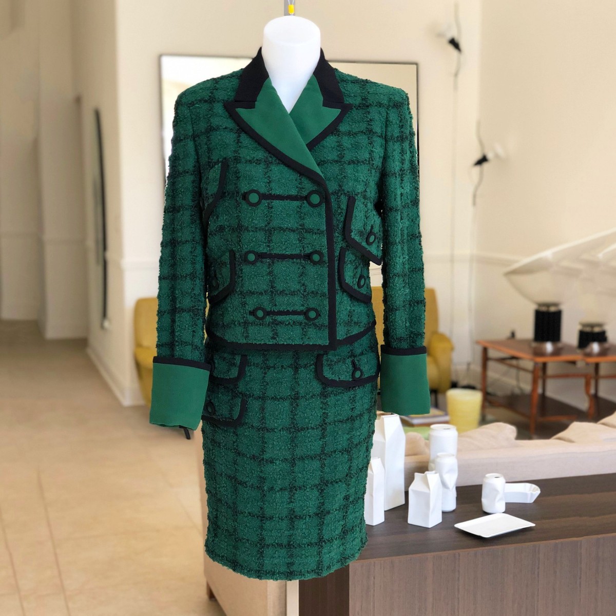 GIANNI VERSACE plaid boucle wool skirt suit size 40 Style