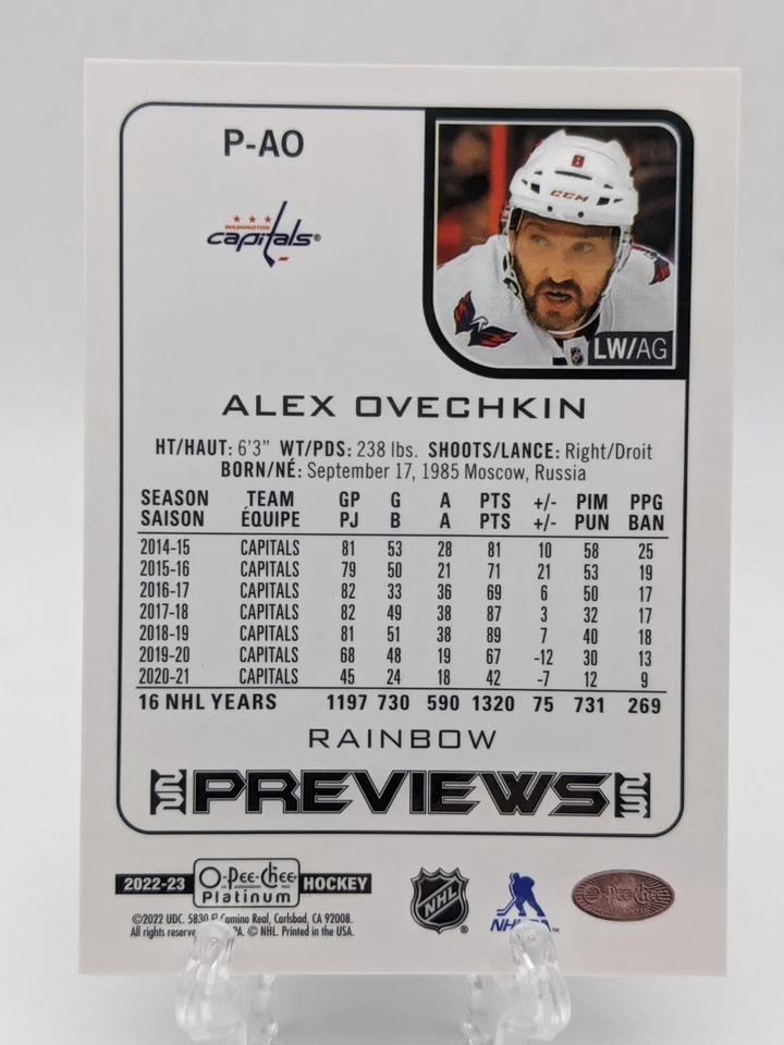 💥 2022-23 UD O-Pee-Chee OPC SP Platinum Previews Rainbow #P-AO Alex Ovechkin - Image 2 of 2