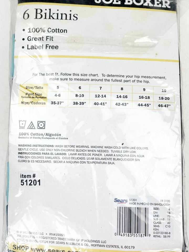 6/M Joe Boxer Algodón Bikini Etiqueta Ropa Interior Libre Bragas Paquete de 6 Mujeres De Colección Sears Foto 3 de 4