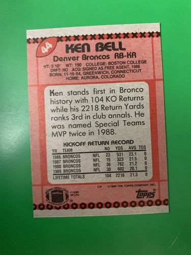 1990 Topps Ken Bell Denver Broncos #44 VAR sin descargo de responsabilidad - Imagen 2 de 2
