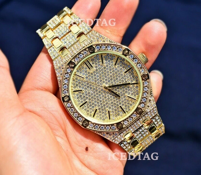 MEN S HIP HOP QUAVO GOLD WHITE PT LUXURY FULL ICED BLING ED LAB DIAMONDS WATCH