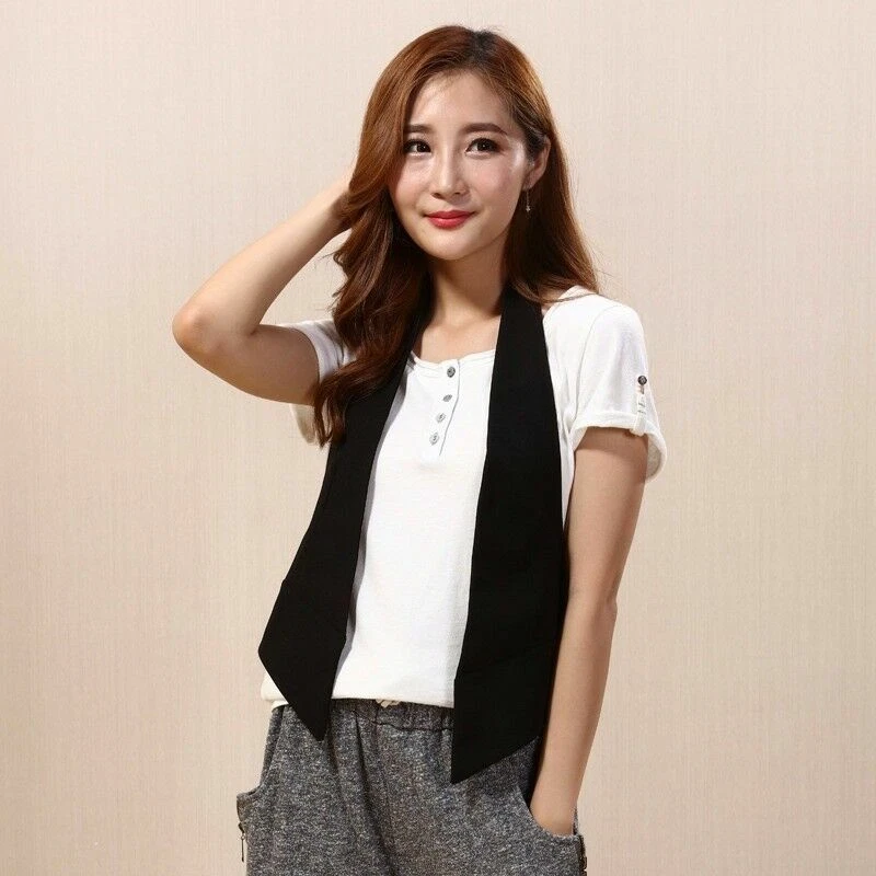 Women Linen Small Suit Vest Halter V Neck Waistcoat Vest Jacket OL Work Tops SPW - Image 3 of 4