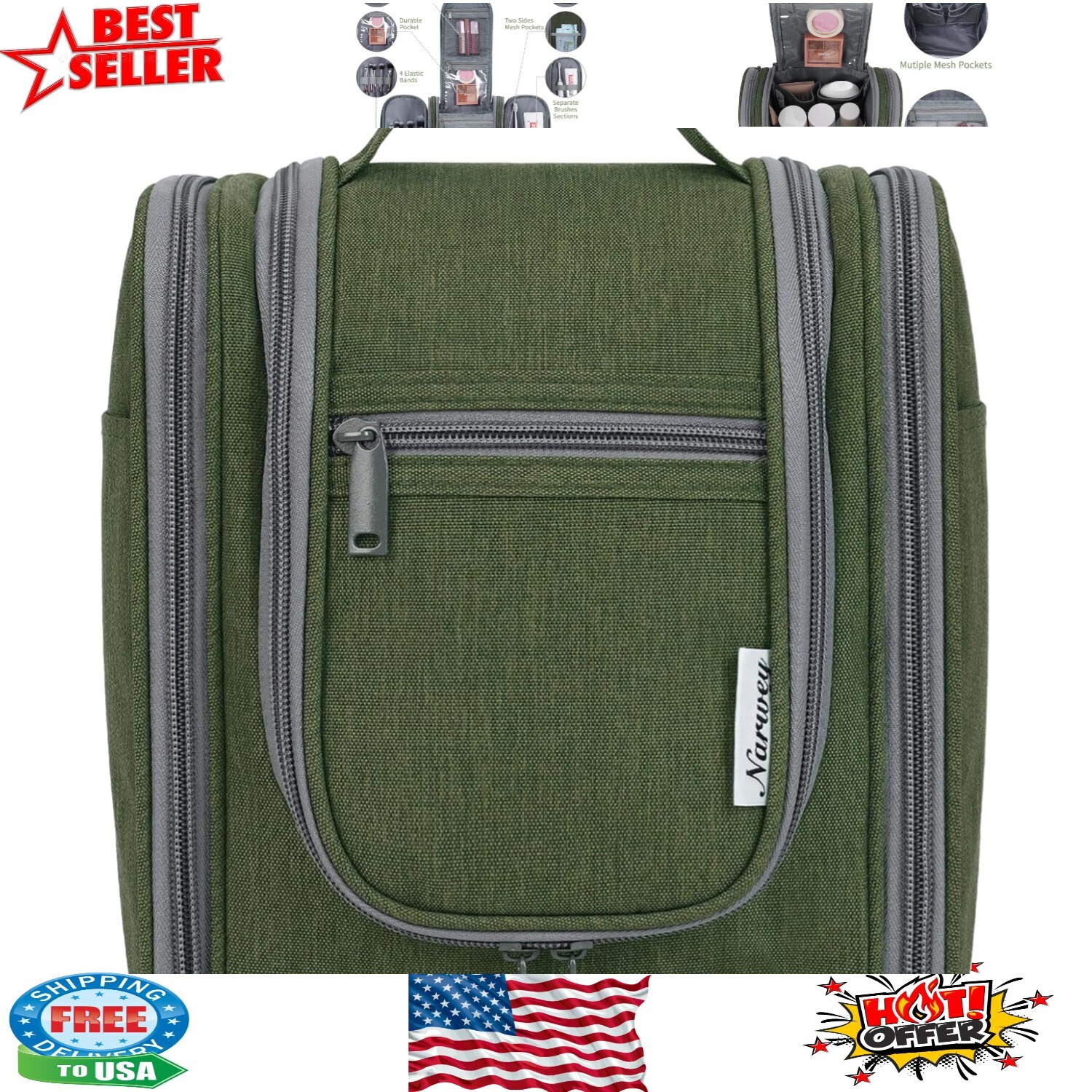 Medium Travel Cosmetic Organizer - Multiple Compartments in Army Green - Unisex