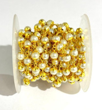 6mm White Pearl Glass Beads Rosary Chain, Gold Plated Brass Wire Wrapped Beaded
