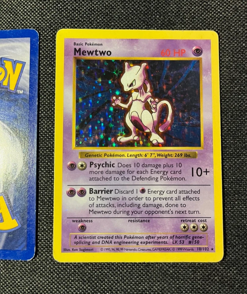 Pokémon 1999 Mewtwo #10 Holo Shadowless Holo Rare & Pikachu #58 Yellow Base Set  - Imagen 4 de 4