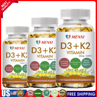 Vitamin D3 K2 Softgel Capsules Extra Strength D3 K2 Supplements with 10000 IU US