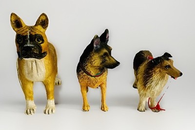 Lot of (3) Dog Christmas Ornaments Collie/Sheltie German Shepherd & Boxer Dogs
