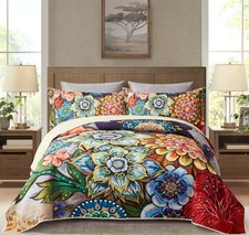 3 Piece Boho Floral Quilt Sets King Size Colorful Bohemian Contemporary Flowe...