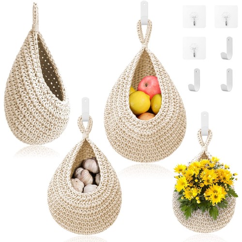 Hanging Fruit Baskets for Kitchen - 3 Pack Boho Wall Hanging Basket with 6 Pc...