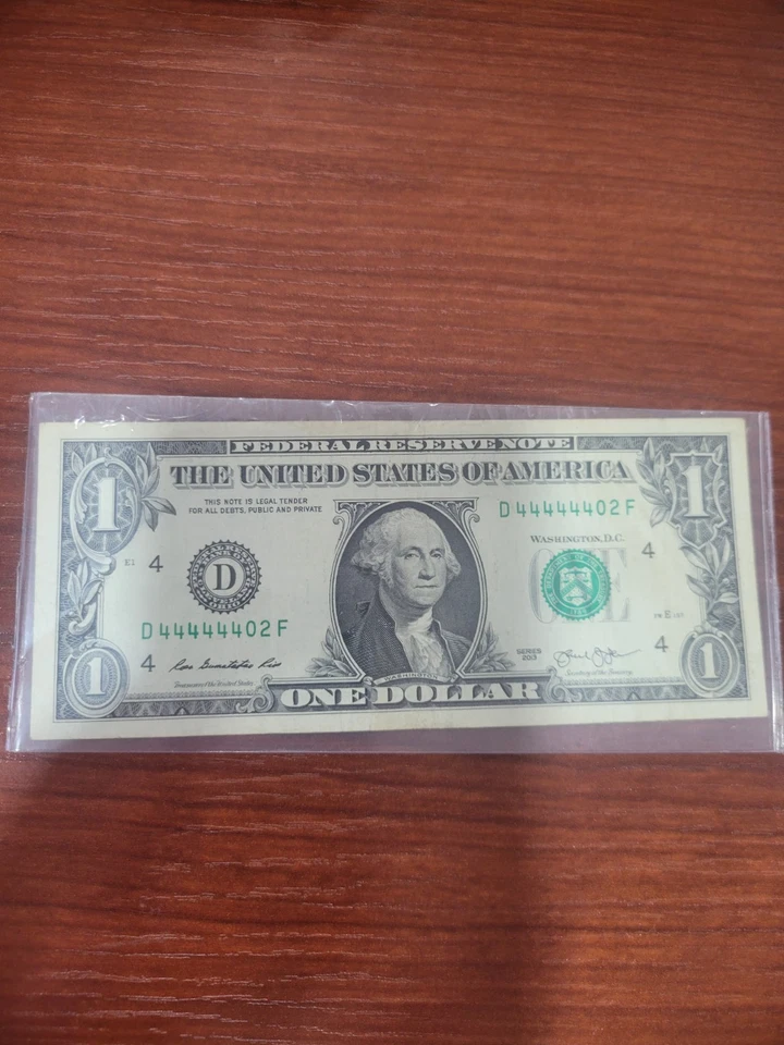 2013 One Dollar Bill $1 FRN Note FANCY SERIAL NUMBER D44444402F NEAR SOLID 4'S - Image 3 of 4