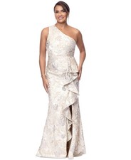 Xscape Petite One-Shoulder Metallic Jacquard Gown - Champagne