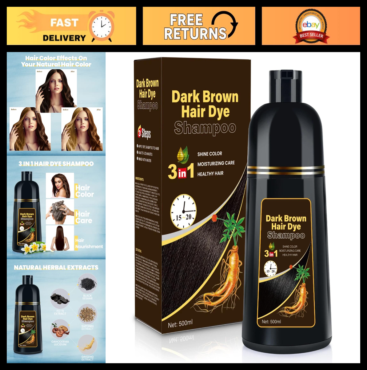 3-in-1 Hair Dye Shampoo for Gray Coverage, Semi-Permanent Dark