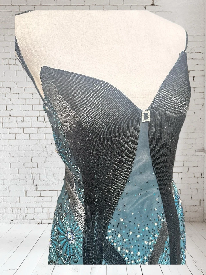 VTG Alyce Designs Silk Black Turquoise Teal Ombre Beaded Formal Gown Sz 4 Prom - Image 3 of 4