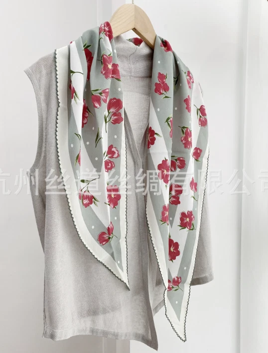 100% Mulberry Silk Scarf Neckerchief 140X41cm Women Bandana flower Print Wrap