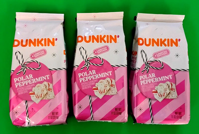 3x Dunkin POLAR PEPPERMINT Flavored Ground Coffee 11 Oz. Limited Edition