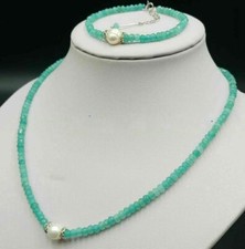 Natural 2x4mm Faceted Aquamarine & 9-10mm White Pearl Necklace Bracelet Set 18''
