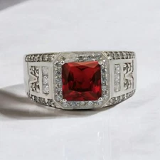 Garnet Emerald Cut Gemstone With 925 Sterling Silver Ring For Men's #962