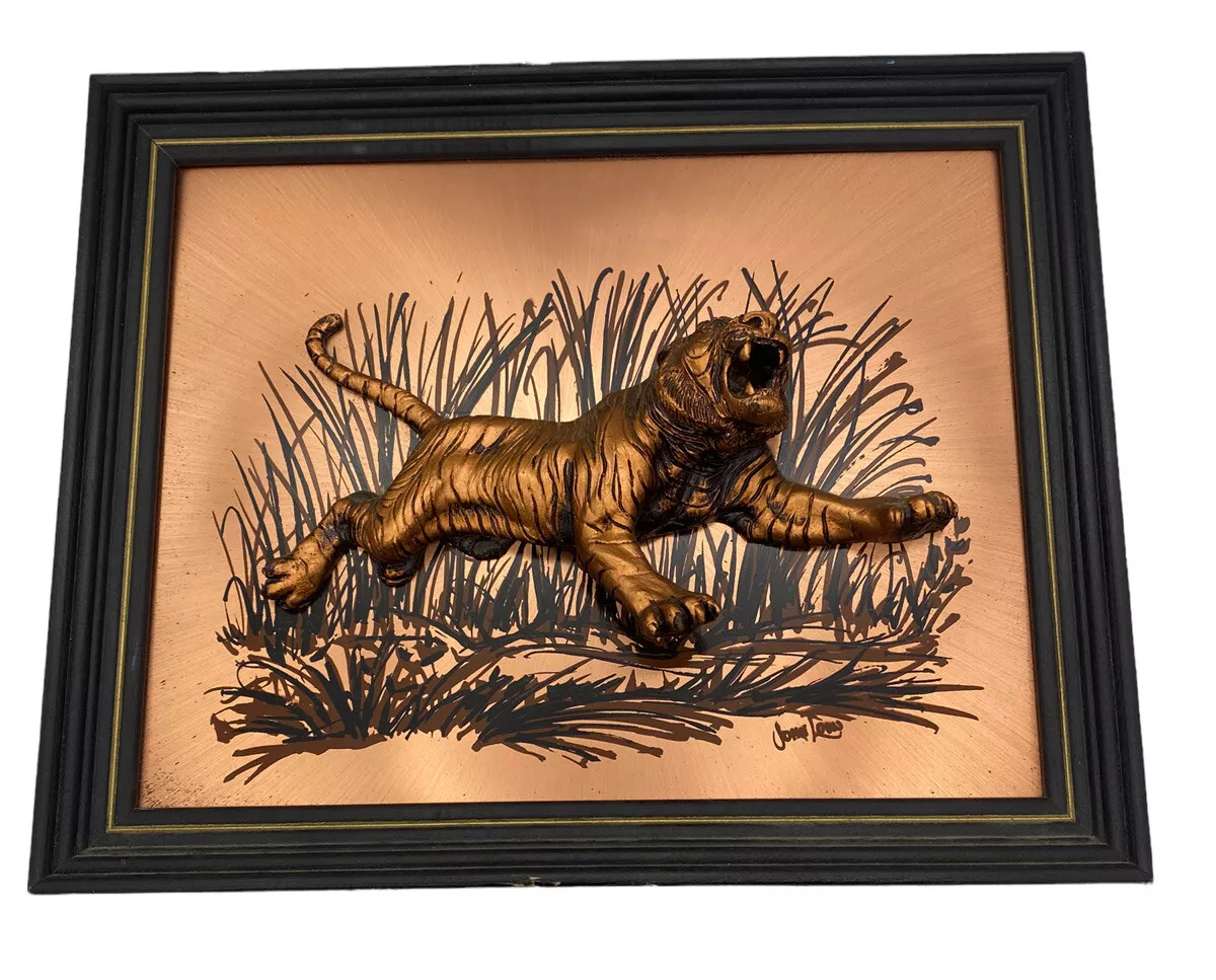 Vintage Bengal TIGER 3D Copper Relief John Louw Framed Wall Art Signed