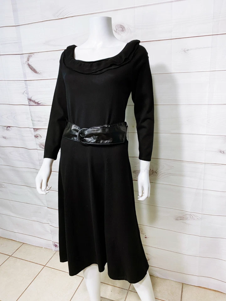 Vestido tejido con cinturón Madison Leigh para mujer M negro elástico hasta la rodilla manga larga Foto 4 de 4