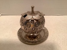 Vintage metal figural strawberry jam jar with lid and tray