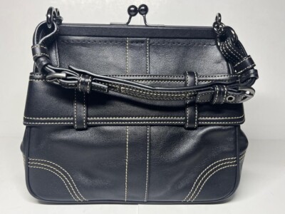 VINTAGE COACH 2005 BLACK LEATHER BUCKLE BELT KISS LOCK BAG 8A12