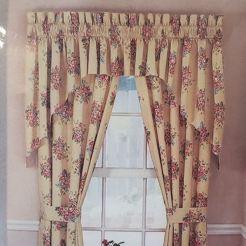 Springmaid 3 Piece Jabot Valance Set 130"x 36" Cream Country Roses Pink Blue - Picture 6 of 8