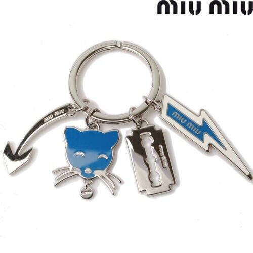 Miu Miu Key Ring Cat Motif MAREA Blue Silver Metal Fittings Length 10cm Ladies - Picture 1 of 4
