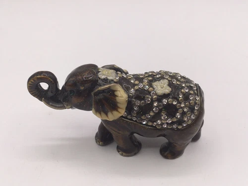 3.75"x2.5" Ornate Jewelled Enamel Elephant Miniature Trinket Box Animal Figurine