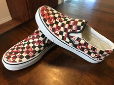 *UŻYWANY* Vans Unisex M 6,5 W 8 ~ Wsuwane Klasyczne czarno-białe Checker z czerwonymi słowami