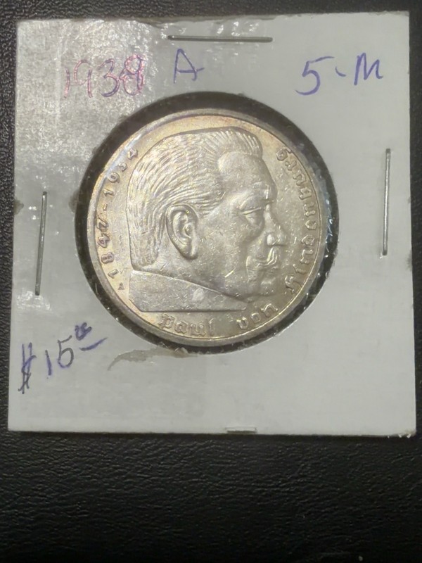 1938-A Germany 5 Reichsmark 90% Silver Paul von Hindenburg Coin Berlin Mint