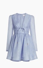 NWT Zimmermann Eden Linen & Silk Plunging V-Neck Minidress Blue Size 0P US 2P 