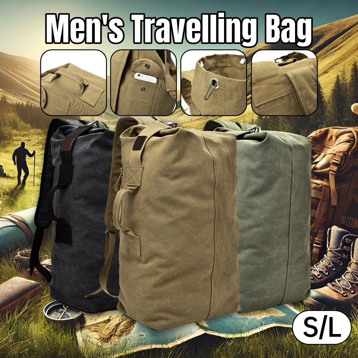 Large Capacity Mens Canvas Backpack Bucket Bag OutdoorTravel Duffle Luggage Bag