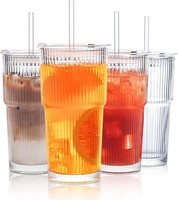 Insetlan 4 StüCk 600Ml Gerippte Glasbecher Mit Deckel Und Strohhalm,