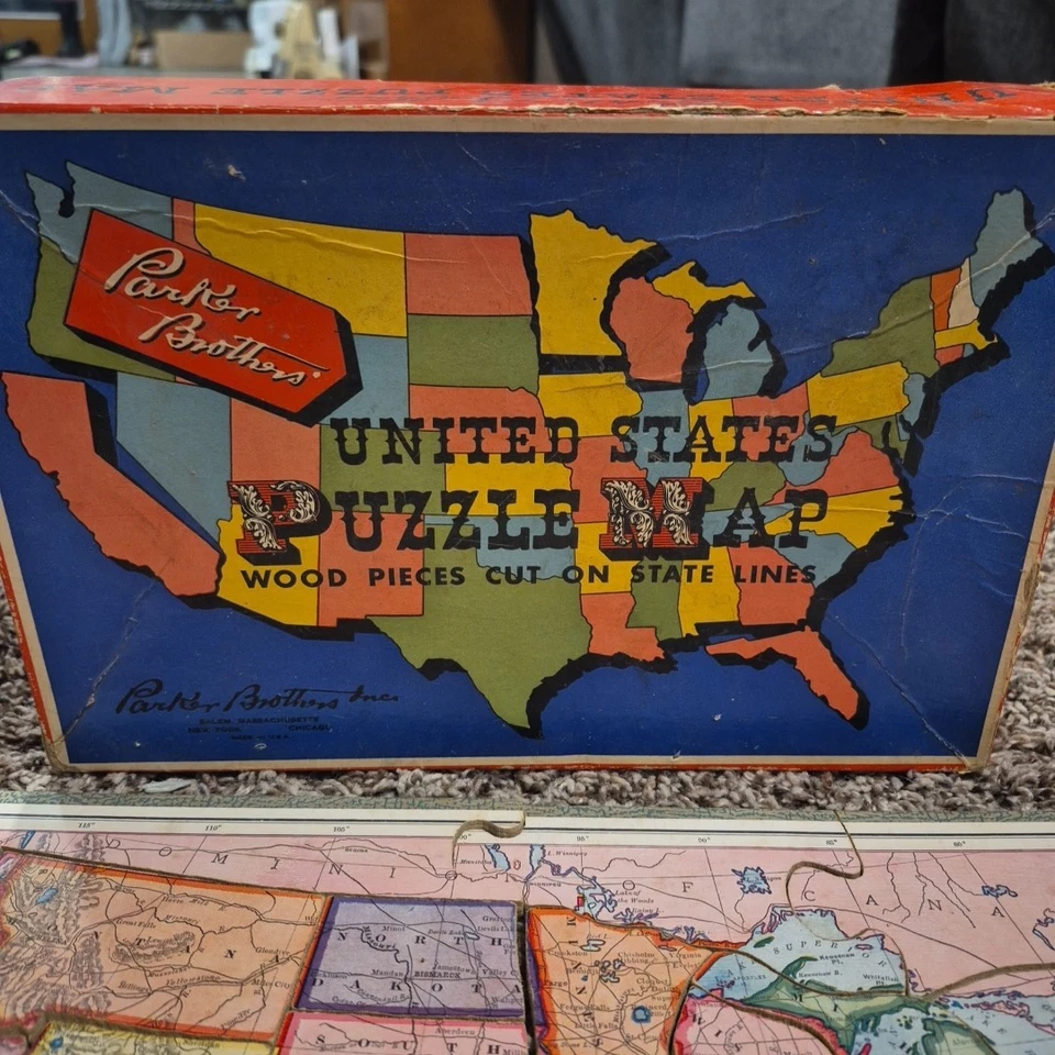老式 Parker Brothers 木制美国拼图地图 - 完整带盒 — 第 2/4 张图片