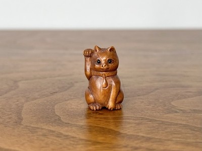 Hand-Carved Boxwood Ojime Bead Maneki Neko Good Luck Cat, Signed, Japanese Craft