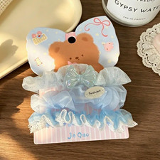 Ruffled scrunchie with lace bow and blue stripes 6-piece2-set in blue and pink