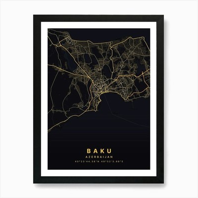 Baku Aserbaidschan Schwarz und Gold Karte Gerahmt Wandbild Poster Leinwanddruck Bild