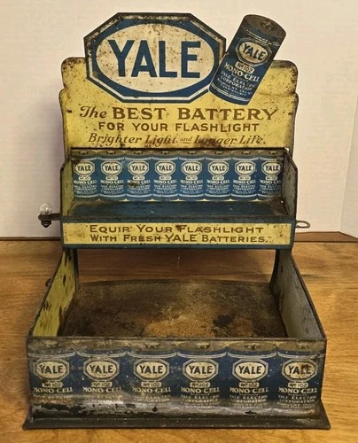 Vintage 1920s Yale Electric Corp Tin Litho Battery Flashlight Display Rack Sign